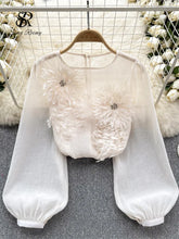 Load image into Gallery viewer, Spring Loose Satin Blouse Women O Neck Long Sleeves Sheer Bohemian Top 2024 Transparent 3D Floral Casual Shirt