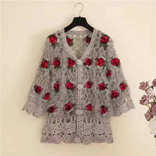 Load image into Gallery viewer, Three-Dimensional Flower Openwork Crocheted Sweater Cardigan Women's Spring And Autumn New Heavy Industry Joker Sweater 3XL Coat