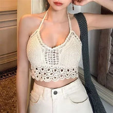 Load image into Gallery viewer, 2025 Crop Tops Retro Wild Hollow Perspective Tassel Sexy Spaghetti Strap Tanke Top Women Built In Bra New Back Lace Halter Neck