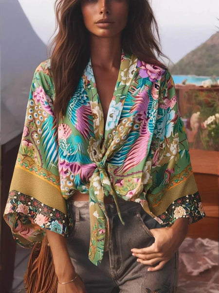 Happie Queens Peacock Short Robe Kimono Swimsuits Women Fashion Floral Batwing Sleeves Rayon Bohemian Bikini Cover Ups Beachwear