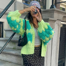 Load image into Gallery viewer, Vintage Lantern Sleeves Knitted Sweater Stripe Pattern Cropped Cardigans Aesthetic Y2k Knitwear Coat Women Autumn Outwear