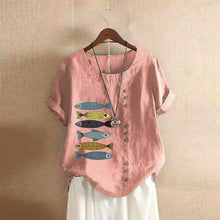 Load image into Gallery viewer, Women Cotton Linen Blouse Shirts Summer O-Neck Short Sleeve Vintage Floral Print Loose Tops WYLP-AL620409060860