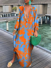 Load image into Gallery viewer, Autumn Women's Print Casual Dress New Fashion V-neck Long Sleeve Loose Holiday Party Long Dresses For Women Robe Femme 2024