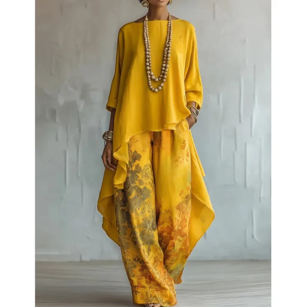 Boho Women's Spring Summer New Two-piece Set Suit Vintage Printed Irregular O Neck Versatile Casual Loose 2-piece Set For Women