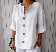 Load image into Gallery viewer, Summer Loose Shirt Women's V-Neck Button Top Casual Shirts Solid Fashion Elegant Office Women Clothing Blouse