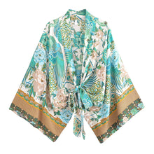 Load image into Gallery viewer, Happie Queens Peacock Short Robe Kimono Swimsuits Women Fashion Floral Batwing Sleeves Rayon Bohemian Bikini Cover Ups Beachwear