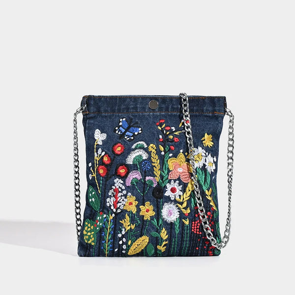 Embroidered Flowers Women Cowboy Shoulder Bag Fashion Chain Ladies Messenger Bags Denim Handbag Personality Trend Student Bag