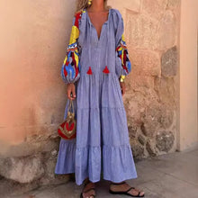 Load image into Gallery viewer, 2024 Autumn Fashion New Women's Loose Long Sleeve Striped Splicing V-neck Lantern Sleeve Printed Loose Long Dress