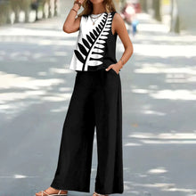 Load image into Gallery viewer, Bohemian Leaf Print Holiday Pants Set Round Neck Elegant Temperament Summer Sleeveless Top And Pants Hawaii Vacation Womenswear