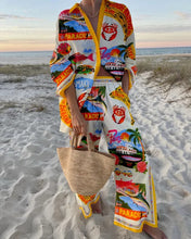 Load image into Gallery viewer, Fashion Print Beach Holiday 2-Piece Set Women Spring Summer Long Sleeve Shirt Top + Wide Legs Women's Oversized Two-Piece Outfit