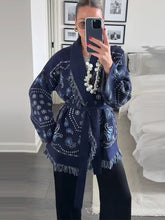 Load image into Gallery viewer, Tassel Patchwork Printed Cardigan Women Geometric Patterns Belts V-neck Long Sleeve Knitted Street Lady Sweater 2025 Autumn Coat