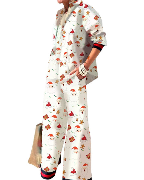 Women's Fall Casual Outfits Floral Print Long Sleeve Button Down Lapel Shirt with Elastic Waist Wide Leg Pants Sets Streetwear