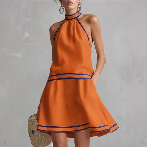Contrast Color Elegant Off Shoulder Sleeveless A-Line Halter Neck Mini Dress Y2K Summer Fashion Vacation Party Vestidos