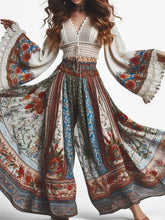 Load image into Gallery viewer, Elegant Women&#39;s Trousers Bohemian Style Classic Retro Floral Pattern Print Elastic High Waist Women&#39;s Wide Leg Pants