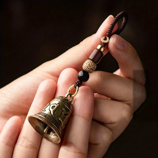 1pc Vintage Brass Tibetan Buddhism Six-word Mantra Bell Keychains Lanyard Pendants Handmade Rope Car Key Chain Rings Hanging