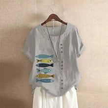 Load image into Gallery viewer, Women Cotton Linen Blouse Shirts Summer O-Neck Short Sleeve Vintage Floral Print Loose Tops WYLP-AL620409060860