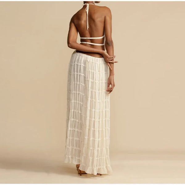 Pleated Crop Tops Long Skirt Suit Women Halter Sleeveless Backless Skirts Set 2024 Summer Ladies Sexy 2 Piece Set Beach Outfit