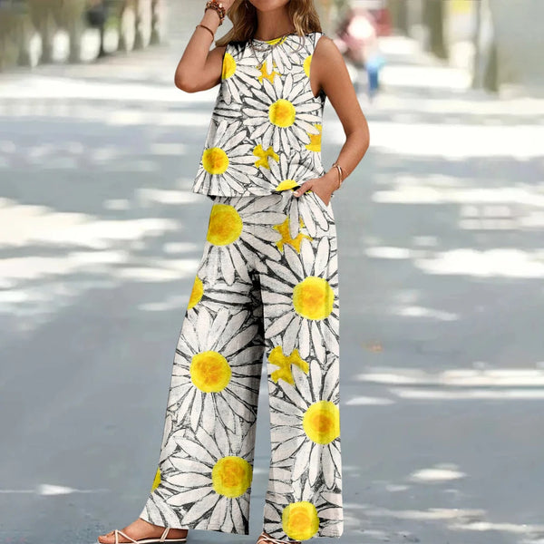 Bohemian Leaf Print Holiday Pants Set Round Neck Elegant Temperament Summer Sleeveless Top And Pants Hawaii Vacation Womenswear