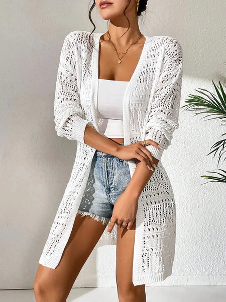 Polyester 100.00% Solid Color Knitted Cardigan with Sun Shading and Loose Fitting Fashion, Mid Length and Elegant Sweater