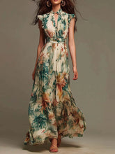 Load image into Gallery viewer, Floral Print Maxi Dress Sleeveless Ruffle Mock Neck Keyhole Front Smocked Waist Flowy Chiffon Bohemian Long Dress for Women