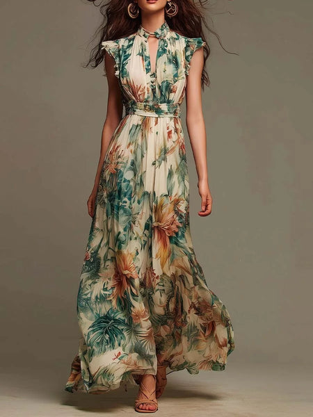 Floral Print Maxi Dress Sleeveless Ruffle Mock Neck Keyhole Front Smocked Waist Flowy Chiffon Bohemian Long Dress for Women