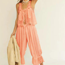 Load image into Gallery viewer, Women's Boho Vintage 2 Piece Pants Outfit Summer Casual Sleeveless Tie Front Lace Trim Tank Tops Drawstring Pants Sets