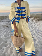 Load image into Gallery viewer, Fashion Print Beach Holiday 2-Piece Set Women Spring Summer Long Sleeve Shirt Top + Wide Legs Women's Oversized Two-Piece Outfit