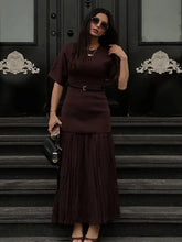 Load image into Gallery viewer, Elegant O Neck Short Sleeve Maxi Dress Women Fashion Solid Pleated Gauze Patchwork Dresses 2025 New Lady Office Commute Vestidos