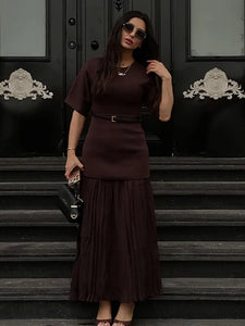 Elegant O Neck Short Sleeve Maxi Dress Women Fashion Solid Pleated Gauze Patchwork Dresses 2025 New Lady Office Commute Vestidos