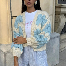Load image into Gallery viewer, Vintage Lantern Sleeves Knitted Sweater Stripe Pattern Cropped Cardigans Aesthetic Y2k Knitwear Coat Women Autumn Outwear