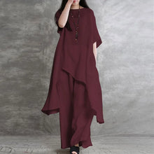 Load image into Gallery viewer, Women's Cotton Linen 2-piece Sets Large Size Casual Wear Sportswear Suit Short-Sleeved O-Neck Top Wide Leg Pants Suits For Women