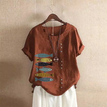 Load image into Gallery viewer, Women Cotton Linen Blouse Shirts Summer O-Neck Short Sleeve Vintage Floral Print Loose Tops WYLP-AL620409060860