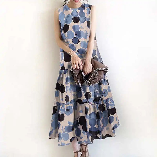 Bohemian Sleeveless Summer Dresses Women Floral Printed Sundress Fashion Casual Ruffles Hem Long Vestido Robe Femme