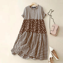Load image into Gallery viewer, Women Plaid Long Dress 2024 Summer Holiday Pleating Stitching Shirt Dress Casual Loose Short Sleeve Robe Fashion Sundress
