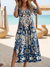 Load image into Gallery viewer, Elegant Summer Plus Size V-Neck Butterfly Print Dress - Split Hem Short Sleeve Women's Fashion