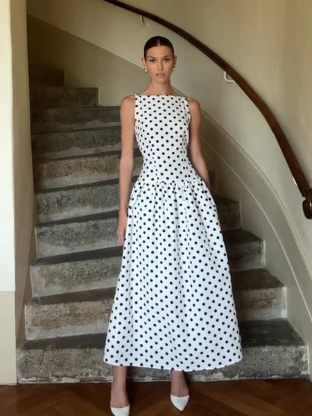 Elegant Women Polka Dot Maxi Dresses Chic Sleeveless Round Neck High Waist Slim Long Vestidos 2025 Lady Party Street New Dress