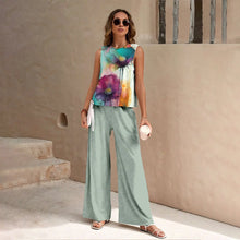 Load image into Gallery viewer, Harajuku Colorful Floral Pattern Print 2 Piece Womens Elegant O Neck Pullover And Straight Leg Pants Set Spring Summer Beach Set