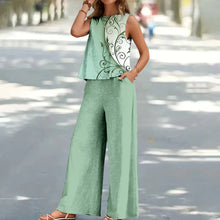 Load image into Gallery viewer, Bohemian Leaf Print Holiday Pants Set Round Neck Elegant Temperament Summer Sleeveless Top And Pants Hawaii Vacation Womenswear