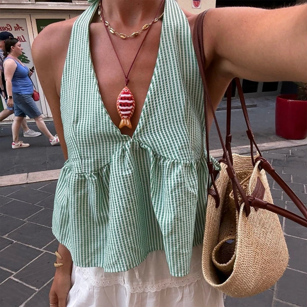 Bohemian Plaid Babydoll Tank Tops Coquette Tie-up Halter Neck Sleeveless Vest Summer Backless Crop Tops Women Holiday Streetwear