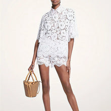 Load image into Gallery viewer, Sexy Lace Embroidery Hook Flower Hollow Crochet Set Women 2 Pieces Polo-Neck Button Tops and Shorts Outfits Spring Summer Suits