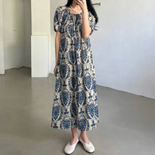 Load image into Gallery viewer, Holiday Summer Maxi Dress Women Fashion Short Sleeve Robe Vintage Printed Bandage O-neck Sundress Casual Loose Vestidos