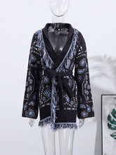Load image into Gallery viewer, Tassel Patchwork Printed Cardigan Women Geometric Patterns Belts V-neck Long Sleeve Knitted Street Lady Sweater 2025 Autumn Coat