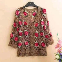 Load image into Gallery viewer, Three-Dimensional Flower Openwork Crocheted Sweater Cardigan Women's Spring And Autumn New Heavy Industry Joker Sweater 3XL Coat