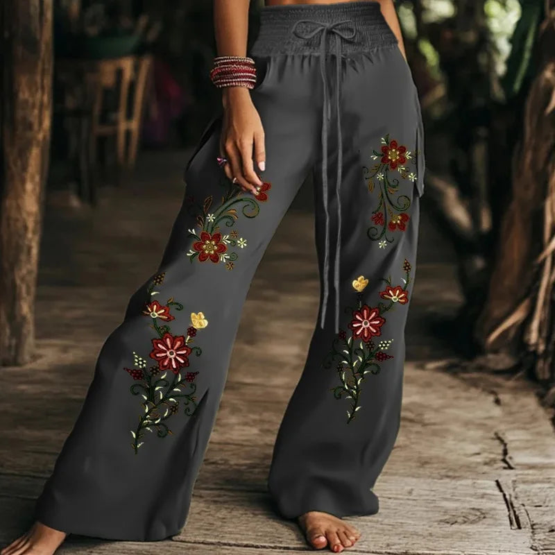 Autumn Fashion Casual Temperament Comfortable and Elegant Plant Print Women's Elastic Waist Pants