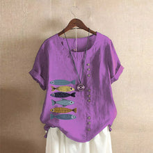 Load image into Gallery viewer, Women Cotton Linen Blouse Shirts Summer O-Neck Short Sleeve Vintage Floral Print Loose Tops WYLP-AL620409060860