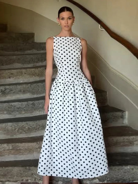 Elegant Women Polka Dot Maxi Dresses Chic Sleeveless Round Neck High Waist Slim Long Vestidos 2025 Lady Party Street New Dress