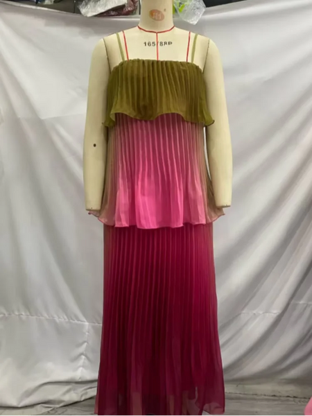 Chic Multicolored Pleated Women Maxi Dress Elegant Spaghetti Strap Ruffle Tiered Flowy Vestidos 2026 Summer Lady Vacation Outfit