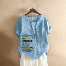Load image into Gallery viewer, Women Cotton Linen Blouse Shirts Summer O-Neck Short Sleeve Vintage Floral Print Loose Tops WYLP-AL620409060860