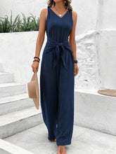 Load image into Gallery viewer, Fashion Solid Jumpsuit For Women Casual Sleeveless V Neck Lace-Up Wide Leg Pants Jumpsuits Lady Summer Holiday Womens Clothing