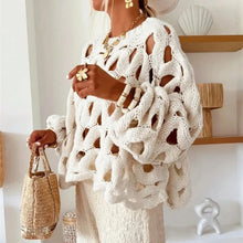 Load image into Gallery viewer, Sexy Hollow Out Long Sleeved Knitted Sweater Summer Beach O-neck Crochet Pullover Casual Solid Color Women's Loose Top Blouses